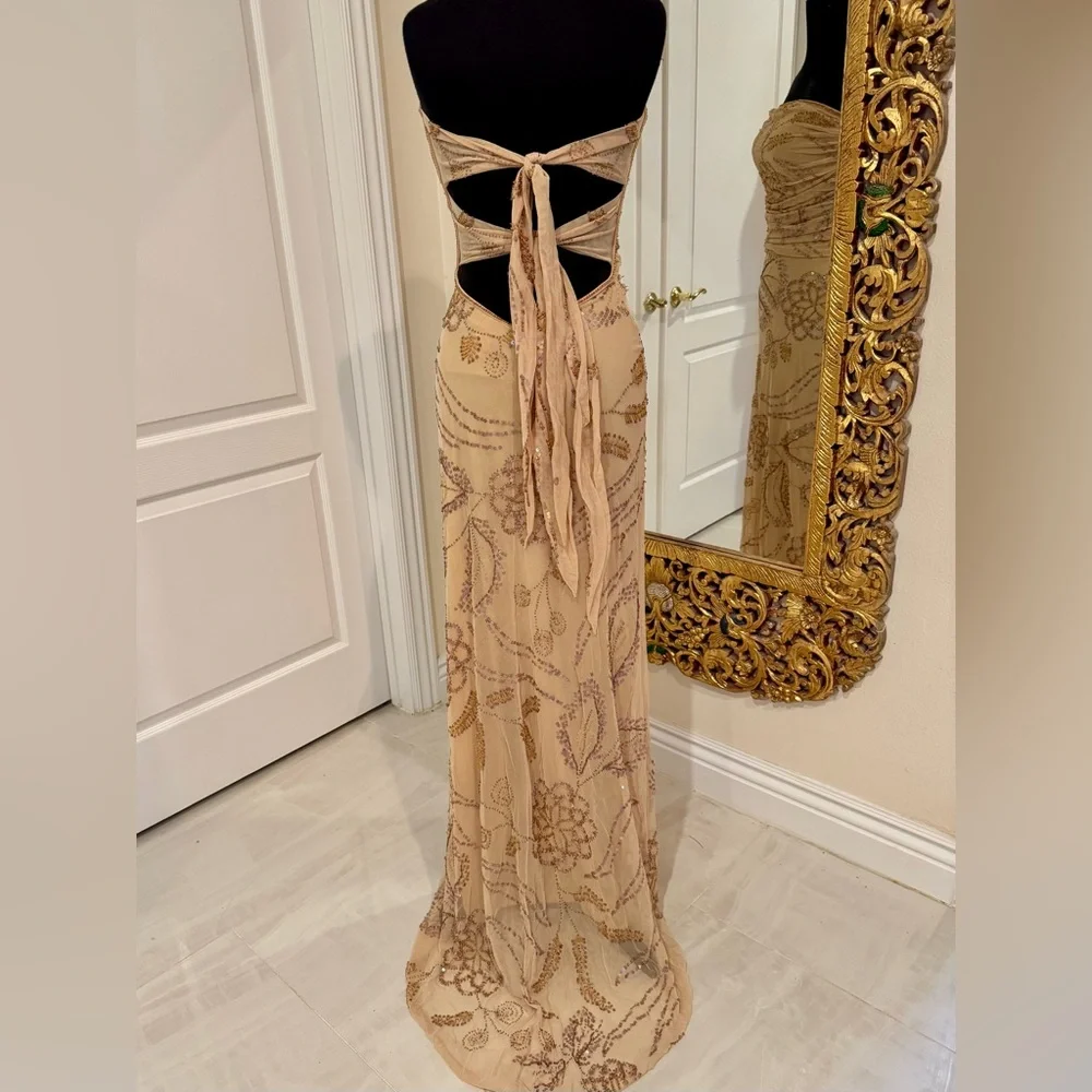 Elegant Strapless‎ hand beaded gold Evening Gown-stretch-Attitudes by Debra NWT